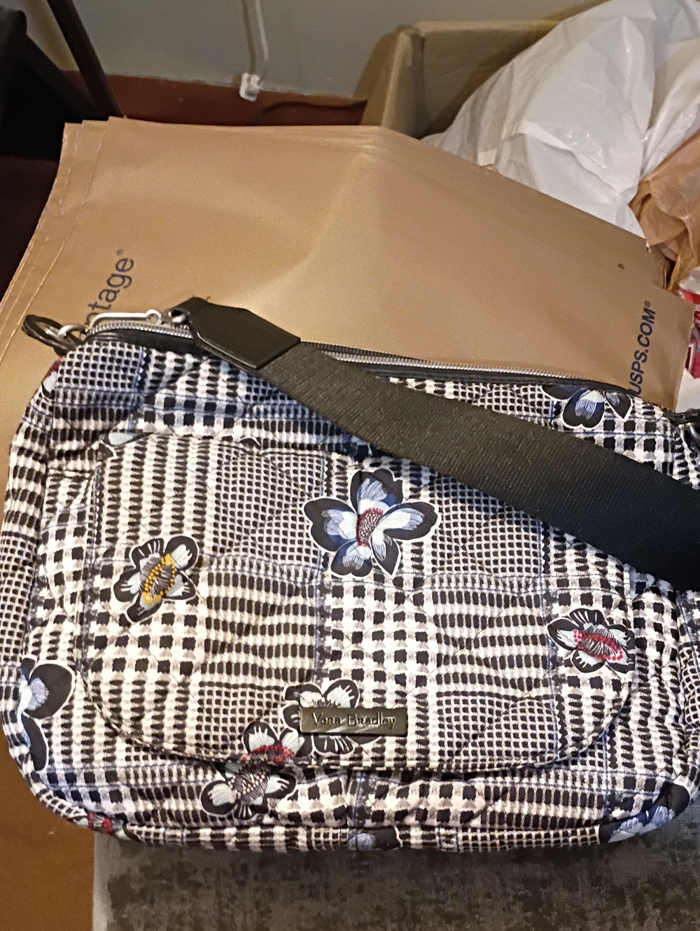 Vera Bradley Black & White Plaid Floral Crossbody Bag